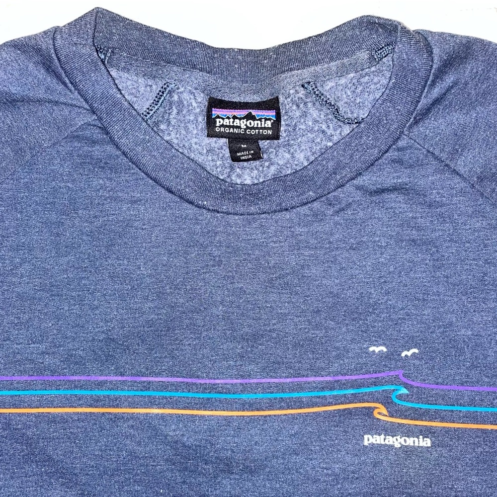 Patagonia Blue Crewneck Sweatshirt with Purple Teal and Gold Stripe